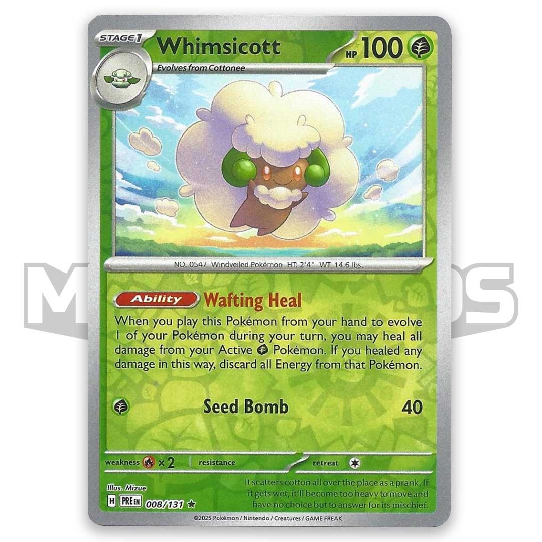 Pokémon trading card featuring Whimsicott with green and white design Whimsicott 008/131 SV Prismatic Evolutions reverse Holo