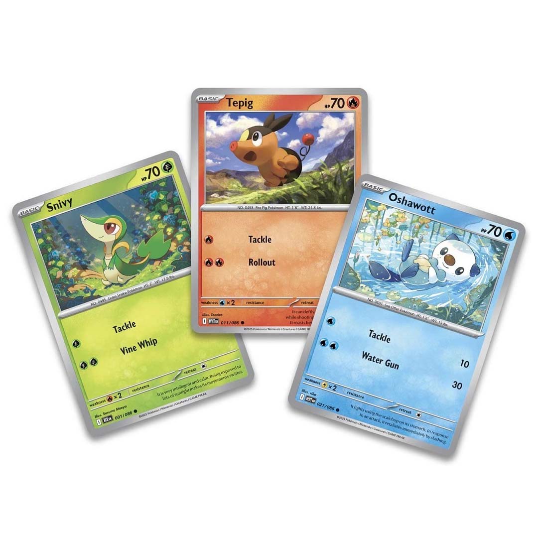 Three Pokémon trading cards featuring Snivy, Tepig, and Oshawott, arranged on a plain white background.