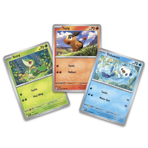 Three Pokémon trading cards featuring Snivy, Tepig, and Oshawott, arranged on a plain white background.