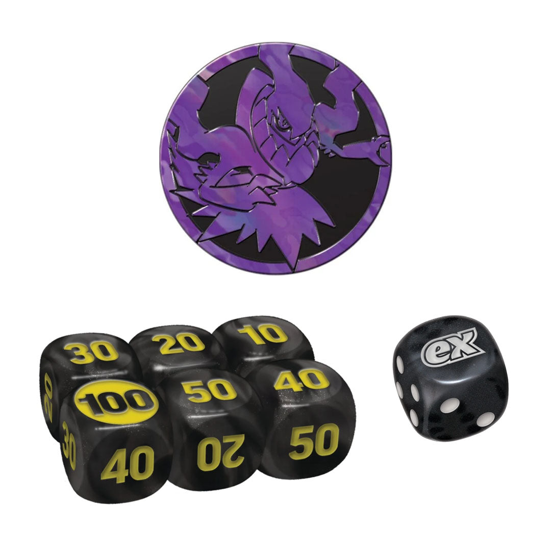Pokémon TCG: Mega Evolution Pitch Black Elite Trainer Box dice and coin