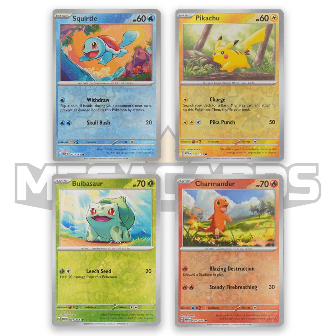 Squirtle 007/165, Pikachu 025/165, Bulbasaur 001/165 and Charmander 004/165. SV 151 Promo Cosmos Reverse Holo bundle including one of each artwork.