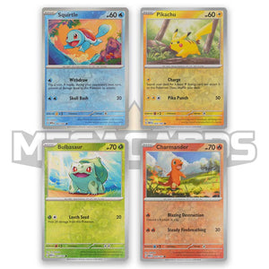 Squirtle 007/165, Pikachu 025/165, Bulbasaur 001/165 and Charmander 004/165. SV 151 Promo Cosmos Reverse Holo bundle including one of each artwork.
