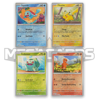 Squirtle 007/165, Pikachu 025/165, Bulbasaur 001/165 and Charmander 004/165. SV 151 Promo Cosmos Reverse Holo bundle including one of each artwork.