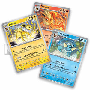 Pokemon scarlet and violet prismatic evolutions poster collection jolteon flareon and vaporeon cards