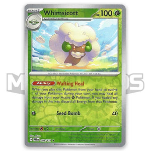 Pokémon trading card featuring Whimsicott with green and white design Whimsicott 008/131 SV Prismatic Evolutions reverse Holo